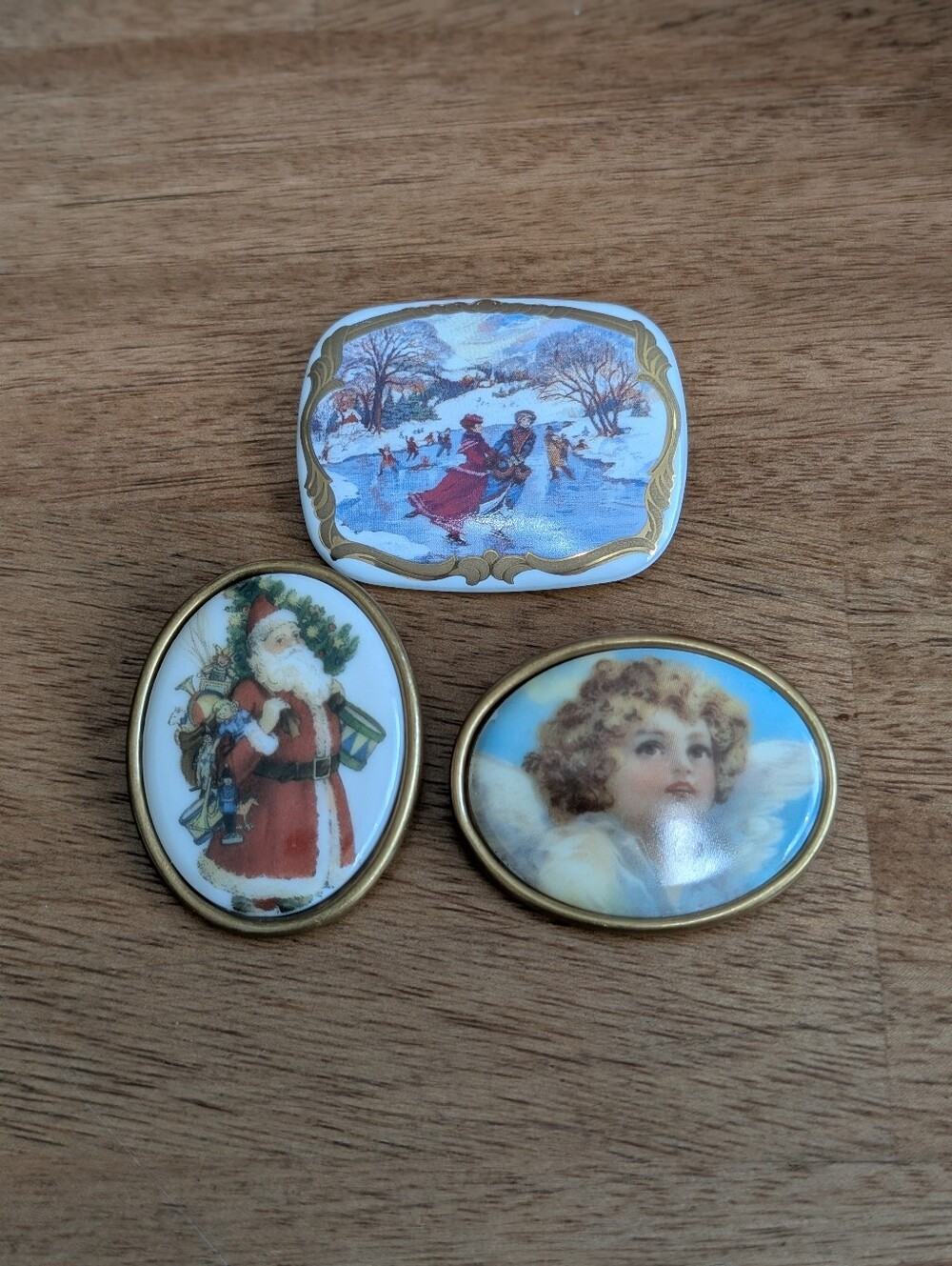 Vintage Lot of 3 Porcelain Stone Cherub Angel Santa Ice skating Brooches USA